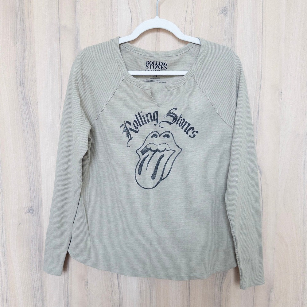 Lucky Brand Rolling Stones Graphic Shirt M Tan Thermal Waffle Knit Rock Band Tee